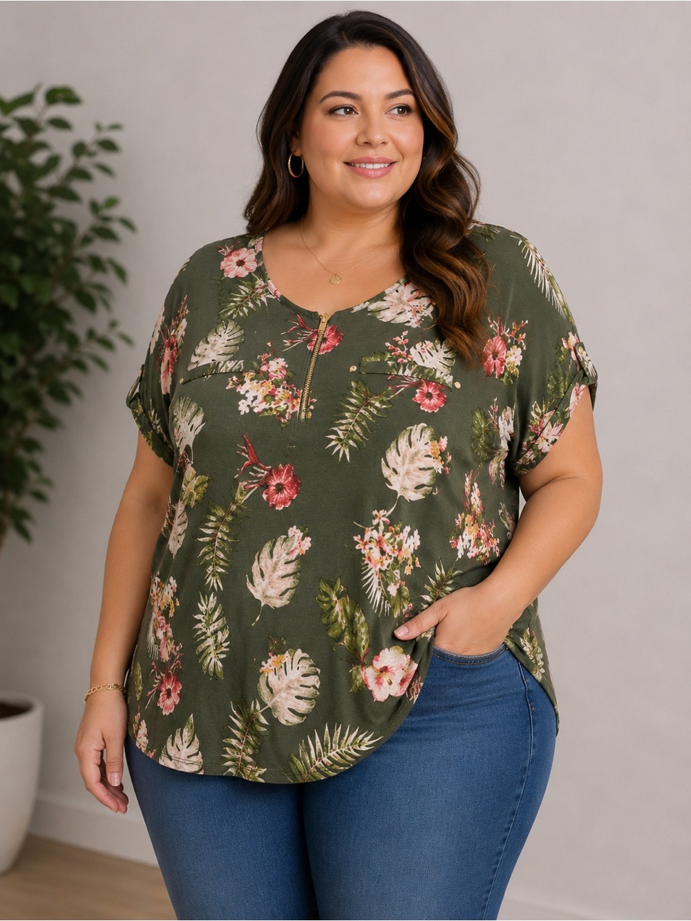 George Tropical Floral Zip Front Blouse XXL Olive Green